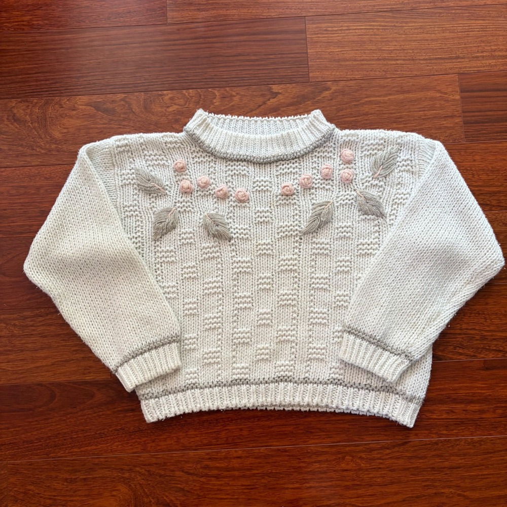 Shenanigans Womens Vintage Hand Knit Floral Sweater L Cream Cottagecore Ramie